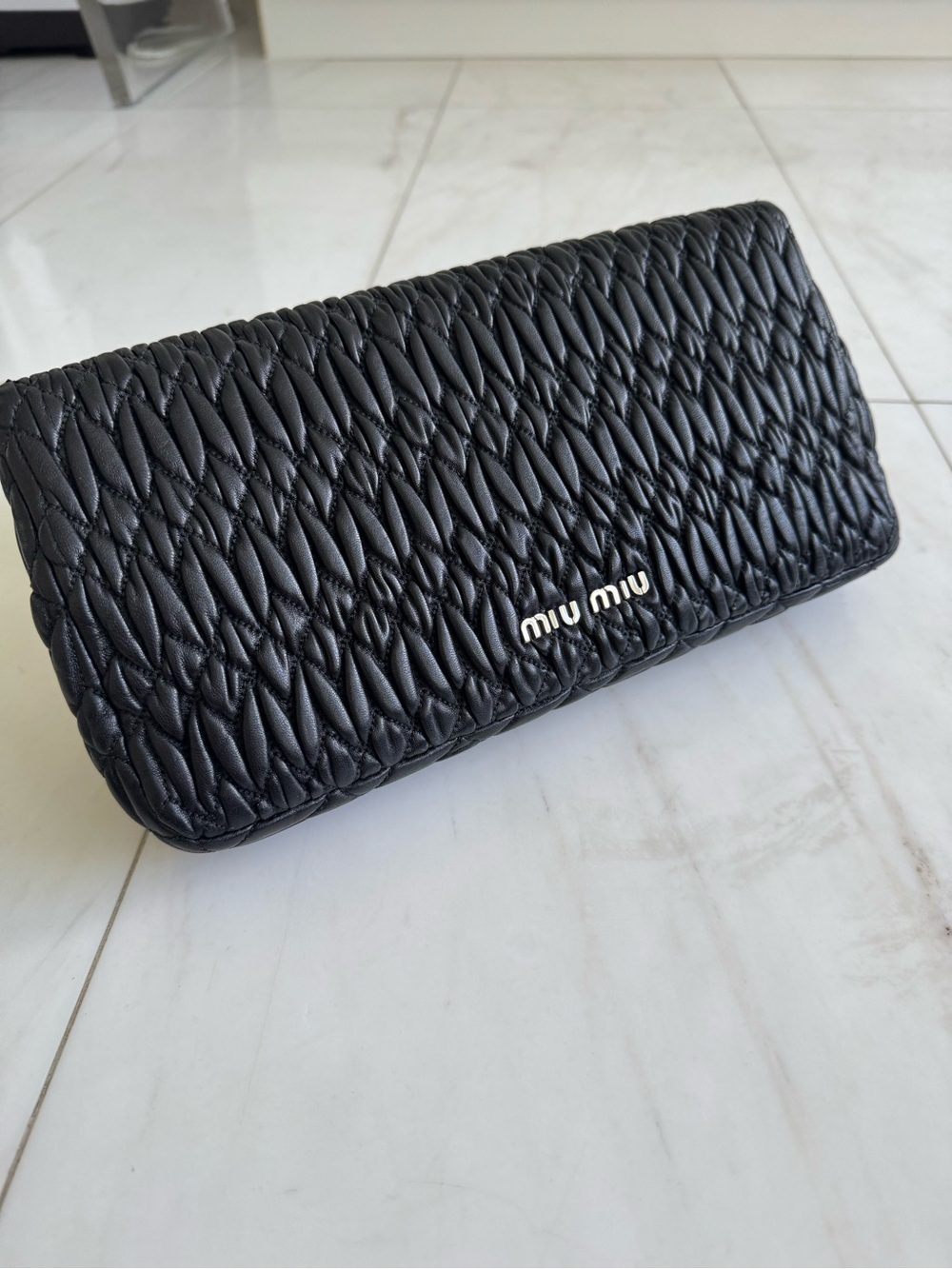 Miu Miu Black Matelassé Quilted Leather Clutch with Logo